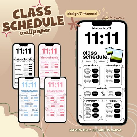 ✨ Back to school in style! 📚🖌️ Elevate your study game with our Class Schedule Wallpapers! Choose from 7 unique themes and customize with 35 editable Canva templates. Perfect for adding a splash of fun and organization to your academic life! #StudyAesthetic #GenZStyle #BackToSchoolVibes #backtoschool #digizellecreatives Class Schedule Wallpaper, Schedule Wallpaper, Class Schedule Template, Academic Life, Unique Themes, Schedule Templates, School Schedule, Class Schedule, Class Design