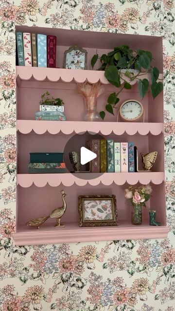 Michelle Hsu on Instagram: "This space looked so blank so I decided to add some personality to it with these scalloped shelves and wallpaper!  To me these shelves kind of make the space look like a dollhouse which I love!  I ALMOST left these shelves white because I liked the contrast, but ultimately decided to go with painting them pink. What would you have done? Kept them white or painted pink?  #beforeandafter #pinkdecor #myhousebeautiful #cozyhome #homeremodel" Girls Bookshelf Ideas, Wallpapered Bookshelf, Scalloped Shelves, Girls Bookshelf, Wallpaper Bookshelf, Scalloped Shelf, Pink Shelves, Styling Bookshelves, Home Office Shelves