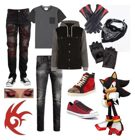 "Shadow the Hedgehog Human Outfit" by arglepurr on Polyvore featuring Urban Outfitters, Black, Converse, Jack & Jones, J&P, Billabong, River Island and Christian Louboutin Shadow The Hedgehog Clothes, Shadow Inspired Outfit, Shadow The Hedgehog As A Human, Shadow The Hedgehog Inspired Outfit, Sonic Outfit Ideas, Shadow The Hedgehog Outfit, Sonic Outfit, Sonic Costumes, Shadow Outfit