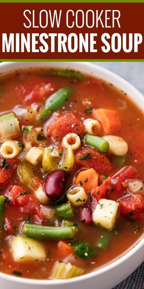 Way better than the soup from that popular Italian restaurant chain, this minestrone soup is bursting with hearty flavors and is made easily in the slow cooker! Vegetables, beans and pasta are simmered in a rich vegetable broth to make a soul-warming soup. | #minestrone #soup #slowcooker #crockpot #copycat #souprecipe Ina Garten Minestrone Soup, 3 Bean Minestrone Soup, Vegetable Bean Soup Crockpot, Ministroni Soup Recipes Crock Pot, Crockpot Minestrone Soup, Minestrone Soup Slow Cooker, Slow Cooker Minestrone Soup, Slow Cooker Minestrone, Soup Minestrone