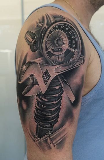 tatuajes de herramientas mecanicas en el brazo Mechanical Arm Tattoo, Piston Tattoo, Biomech Tattoo, Engine Tattoo, Gear Tattoo, Harley Tattoos, Tool Tattoo, Mechanic Tattoo, Bike Tattoos