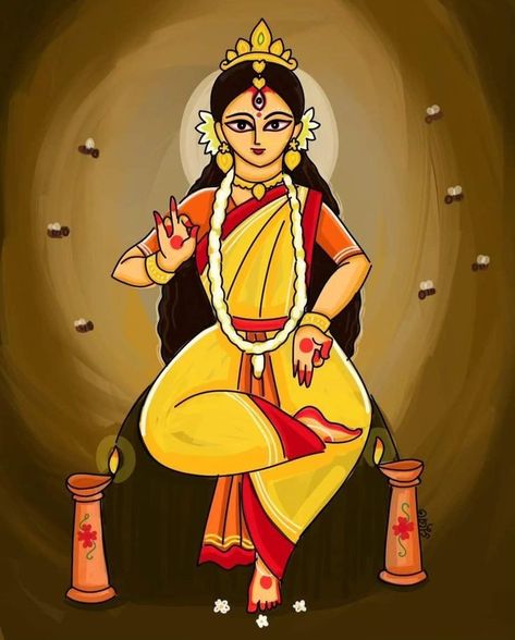 Maa Lakshmi Drawing, Devi Durga Drawing, Ma Durga Drawing Easy, Ma Durga Painting, Devi Lakshmi, Bengali Art, Pop Art Images, Durga Painting, Indian Art Gallery