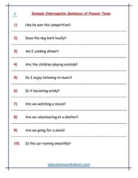 Struggling with present tense questions? Here are some examples: "Do you like coffee?" "Is she coming to the party?" "Are they playing soccer?" Practice makes perfect! (https://educationworksheet.com/worksheets/present-tense-interrogative-examples/)Keep questioning and learning. 🌟 #GrammarTips #EnglishLearning #PresentTense #LanguageLearning  #LearnEnglish
 #presenttenseinterrogativeexamples #tensesinenglishlanguage #learnenglishtenses #grammartensesexercises #grammartensesworksheets Interrogative Sentences Worksheet, All Tenses In English, Rephrasing Sentences, Joining Sentences Using And, Expanding Sentences Activities, Extending Sentences, Declarative And Interrogative Sentences, Interrogative Sentences, Sentences Worksheet