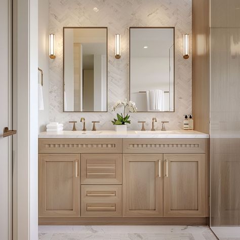 Two Entrance Bathroom, Master Bath Remodel Separate Vanities, Florida Master Bathrooms, Master Bath Without Windows, Shea Mcgee Bathroom Ideas, Light Brown Cabinets Bathroom, Sophie Paterson Bathroom, Luxury Coastal Bathroom, Cream Tile Bathroom Ideas