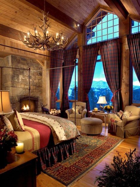 Cabin Style Bedroom, Log Cabin Bedrooms, Log Cabin Bedroom, Furniture Textiles, Romantic Bedroom Design, Country Deco, Bedroom Country, Bedroom With Sitting Area, Cabin Bedroom