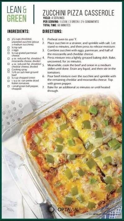 Optavia Recipe Guide | Lean protein meals, Lean and green meals, Lean ... Zucchini Pizza Casserole, Lean Dinners, Optavia Lean And Green, Lean Protein Meals, Green Zucchini, Zucchini Pizza, Lean And Green, Low Glycemic Foods, Zucchini Pizzas