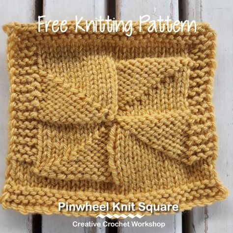 Pinwheel Knit Square - Free Knitting Pattern | Creative Crochet Workshop #KALCorner Knit Stitches For Beginners, Crochet Workshop, Knitted Washcloth Patterns, Knitted Blanket Squares, Knitting Squares, Knitting Patterns Free Blanket, Knitting For Charity, Knitting Stitches Tutorial