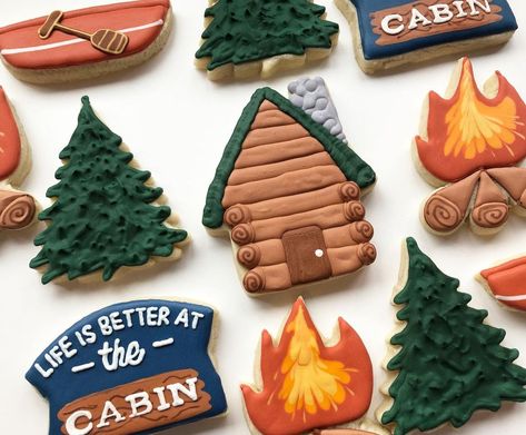 Country House Cookies on Instagram: “Life is better at the cabin #lifeisbetteratthecabincookies #treecookies #cabincookies #firecookies #canoecookies #sugarcookiesofinstagram…” Cabin Cookies Decorated, Cabin Cookies, Cabin Breakfast, Camping Cookies, Art Cookies, Baking Hobby, Lake Cabin Decor, House Cookies, Beach Cookies