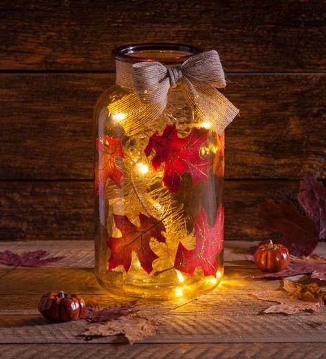 Fall Leaves Centerpieces For Table, Fall Mason Jars Centerpieces, Fall Leaves Centerpiece, Fall Jars Decorations, Mason Jar Fall Centerpieces, Glass Fall Decor, Leaf Centerpiece, Fall Mason Jar Centerpieces, Fall Lights