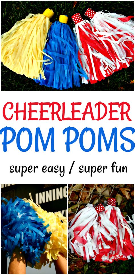 DIY Cheerleader Pom Poms - Super Easy And Fun! If you are looking to keep the kids occupied for a bit, then this is a great activity that older kids can do themselves. For summertime fun, kids can make their own pom poms then create a routine to perform for friend and family  - Dazzling Daily Deals Homemade Cheer Pom Poms, Make Pom Poms Cheerleading, Pom Pom Cheerleading Diy, Cheer Tailgate Ideas, Cheer Camp Crafts For Kids, How To Make Cheer Pom Poms, Cheer Pom Poms Diy, Cheerleader Pom Poms Diy, Cheer Crafts High School