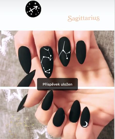 Saggitarius Nail Designs, Sagittarius Nail Art, Sagittarius Nails Acrylic, Witch Aesthetic Nails, Birthday Nails Sagittarius, Nails Sagittarius, Sagittarius Nails Designs, Horoscope Nails, Black Almond Nails Designs