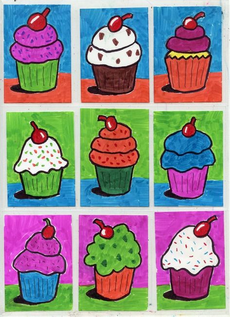 Learn how to draw cupcakes like a boss. I share one of my tricks for getting extra bright colors in your marker drawings. Free sample drawing available. #howtodraw #freeprintables #popart Draw A Cupcake, Cupcake Painting, Art Drawing Ideas, Cupcake Coloring Pages, Art Education Projects, Pop Art For Kids, Cupcake Drawing, 2nd Grade Art, Pop Art Drawing