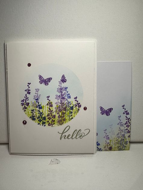 Hello - Thinking of You This card was crafted using the "Painted Lavender & Perennial Postage" suite from Stampin' Up as  well as other products from Stampin' Up and local craft stores. This card measures  5.5"x4.25", is decorated on the outside, inside, and also includes a coordinating envelope. Do you like this card but need a different sentiment? This can easily be done. Most cards can be custom made, no extra charge! If you like this card, please check out my store for additional cards using this same suite. *Please note: Based on supplies some colors/papers may vary based on stock from my suppliers. Painted Lavendar Su Cards, Su Painted Lavender Cards, Thinking Of You Handmade Cards, Stampin Up Painted Lavender Cards, Dainty Delights Stampin Up Cards, Stampin Up Painted Lavender, Painted Lavender Stampin Up Cards, Butterfly Cards Handmade, Stampin Up Sympathy Cards