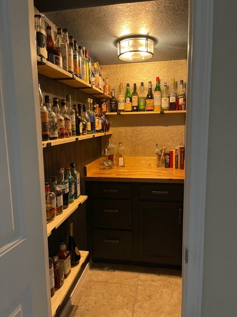 Bar, home bar, closet, DIY bar, DIY, DIY cabinets, pantry Speakeasy Closet, Turn Closet Into Bar, Bourbon Closet Ideas, Liquor Closet Ideas, Closet To Bar, Bourbon Closet, Under Stairs Coat Closet, Bar In A Closet, Alcohol Cupboard