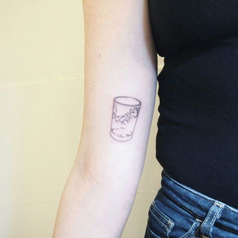 Glass Half Full Tattoo Optimism, Water Cup Tattoo, Glass Of Water Tattoo, Colorful Butterfly Tattoo, Simple Heart Tattoos, Glass Tattoo, Cup Tattoo, Full Tattoo, Health Tattoo