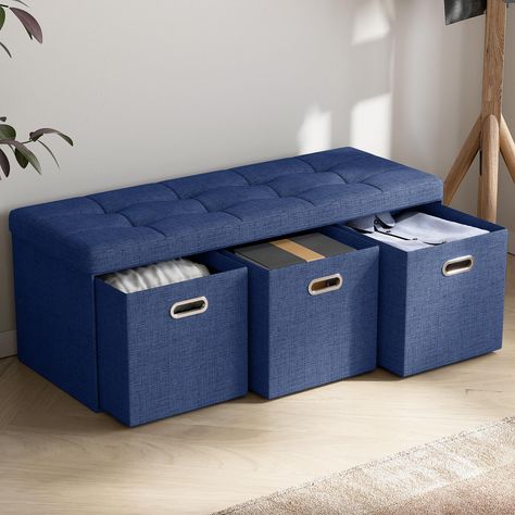 PRICES MAY VARY. LARGE STORAGE SPACE: Our ottoman provides generous amounts of storage space. Keep your blankets, toys, books, and other necessities all in one convenient place! DURABLE: Constructed with high-quality linen fabric, our ottomans are built to last. Enjoy its comfortable yet sturdy frame for years and years to come. 3 CUBE DRAWERS: Three large drawers offer ample space for clothes, books, or other belongings – easily access them at anytime! FOLDABLE: Folding away when not in use? Th Cube Drawers, Bench Storage, Long Bench, Ottoman Storage, Bedroom Color, Tufted Cushion, Storage Ottoman Bench, Ottoman In Living Room, Linen Upholstery