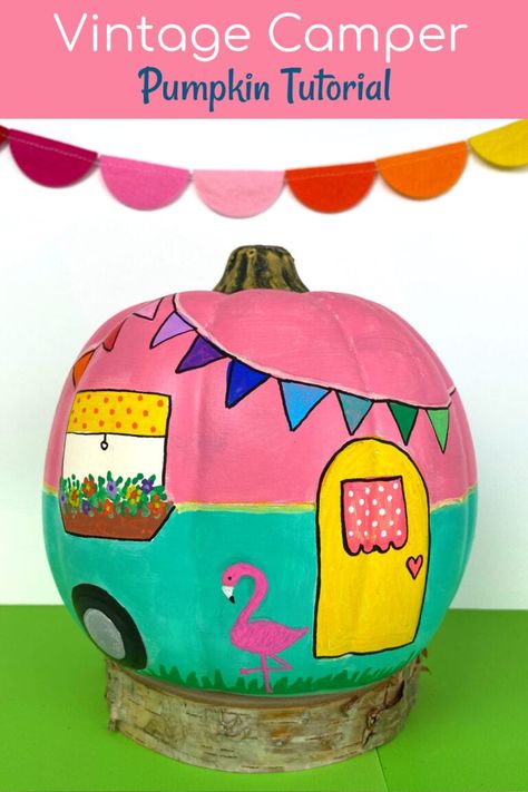 Camper Pumpkin Painting Ideas, Camper Pumpkin, Stick Furniture, Pumpkin Tutorial, Creative Pumpkin Painting, No Carve Pumpkin Decorating, Pumpkin Decorating Contest, Pumpkin Contest, Pumpkin Painting Ideas