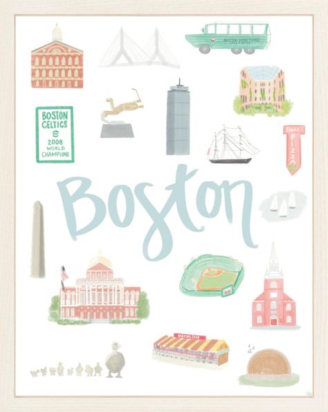 Boston Illustration, South Carolina Art, Bunker Hill Monument, Make Way For Ducklings, Boston Print, Prudential Center, Bobby Orr, Boston Art, Landmarks Art