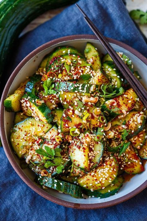 Korean Cucumber Salad | Feasting At Home Korean Cucumber Side Dish, Korean Cucumber Salad, Smashed Cucumber Salad, Korean Cucumber, Spicy Cucumber Salad, Japanese Cucumber, Asian Cucumber Salad, Korean Side Dishes, Creamy Cucumber Salad