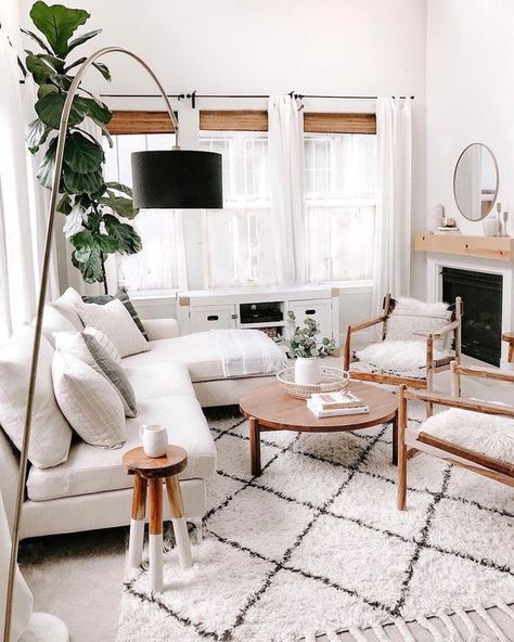 One design secret for a happy house is surrounding yourself with things that make you happy. Beige And White Living Room, Scandinavian Decor Living Room, White Living Room Decor, Grey Couch, Arc Floor Lamp, Decor Ikea, Living Room Goals, Living Room Scandinavian, White Living Room