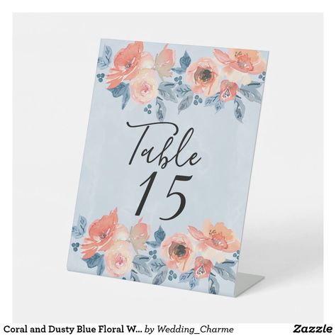 Light Blue And Coral Wedding, Blue And Coral Wedding, Floral Wedding Table, Blue Floral Wedding, Wedding Table Number, Coral Wedding, Geometric Wedding, Floral Geometric, Table Number