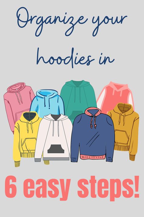 Keep your hoodies neatly stacked with this method! No more unfolding and refolding in order to find your favorite hoodie! PS- Moms, this also helps keeping your kids drawers organized! How To Organize And Store Hoodies, Best Way To Organize Sweatshirts, Hooded Sweatshirt Organization Ideas, Hoody Storage, Hoodie Hanging Ideas, Hanging Hoodies In Closet, Hoodies Storage Ideas, Hoodie Closet Organization, How To Organize Hoodies