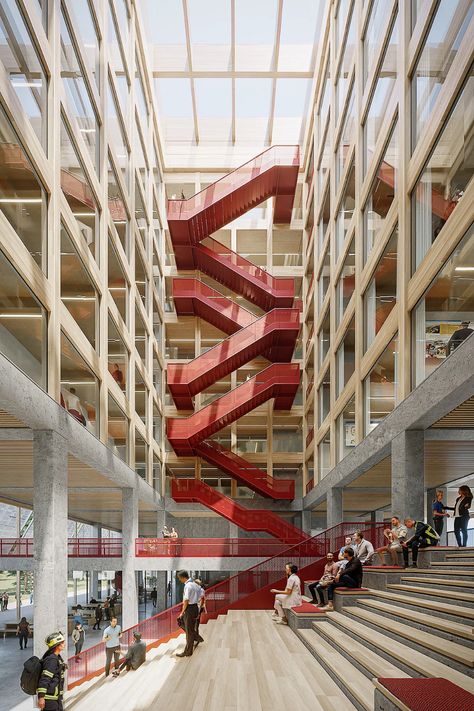 Atrium academy building © HENN Vertical Circulation, Academy Building, Architecture Design Presentation, Atrium Design, Campus Design, Arch Architecture, Stairs Architecture, Timber Structure, Architecture Presentation