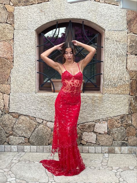 Red Prom Dress Lace, Tomato Girl Summer, Clio Peppiatt, Mesh Prom Dress, Matric Dance Dresses, Tomato Girl, Red Lace Prom Dress, Prom Dress Inspo, Matric Dance