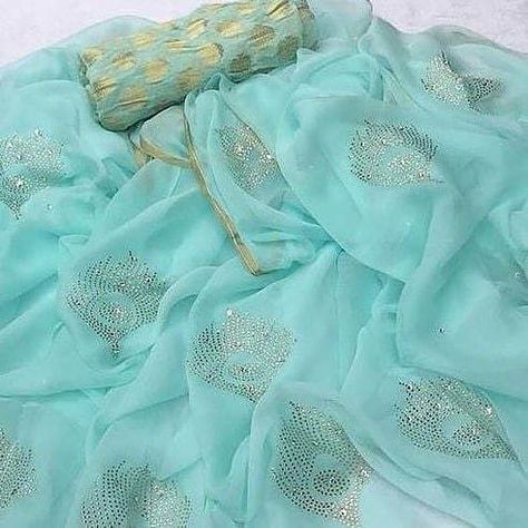 Plain Chiffon Saree, Sky Blue Saree, Gota Patti Saree, Pure Chiffon Sarees, Pure Georgette Sarees, Chiffon Sarees, Indian Saree Blouse, Indian Gowns Dresses, Pure Chiffon