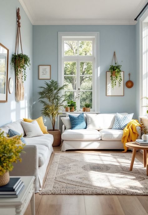 Blue and Yellow Boho Decor Light And Bright Home Decor, Royal Blue And Yellow Living Room, Yellow And Blue Living Room, Blue And Yellow Aesthetic, Blue And Yellow Living Room, Boho Decor Ideas, Peaceful Space, White Linens, Quiet Room