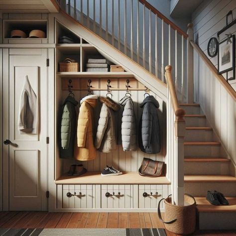 27 Ingenious Under Stairs Storage Ideas » HomeDecorFull Hall Under Stairs, Stairs Under Stairs, Under Stair Mudroom Ideas, Under Stairs Coat Rack, Cabin Under Stairs, Entryway Stairs Ideas, Under Stairs Entryway Ideas, Underneath Stairs Storage Ideas, Understairs Mudroom Ideas