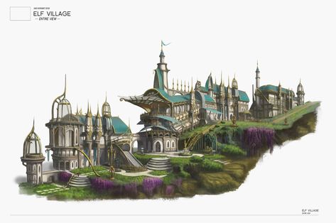 Elf Village, Elf City, Elven City, Building Concept, High Elf, Disney Concept Art, Fantasy City, Fantasy House, Fantasy Setting