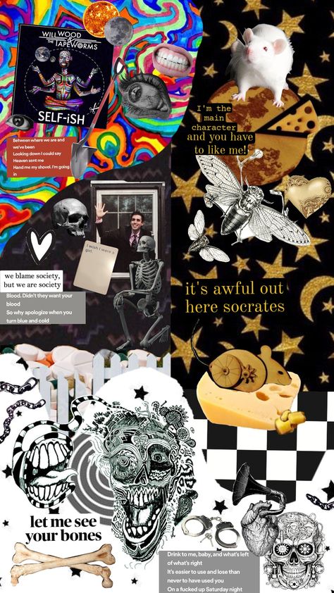 all the main will wood albums mixed into one wallpaper :} #willwood #willwoodandthetapeworms #skeleton #bones #everythingisalot #normalalbum #self-ish #selfish #incaseimakeit #rat #cheese #normal #messy #strange #surrealism #art #music #piano Everything Is A Lot Will Wood, Self-ish Will Wood, Will Wood Wallpaper Iphone, Will Wood And The Tapeworms Wallpaper, Normal Album Will Wood, The Normal Album Will Wood, Will Wood Poster, Will Wood Aesthetic, Will Wood Wallpaper