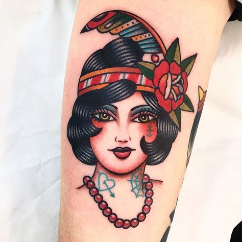 Traditional Tattoo Girl Head, Flapper Tattoo, Traditional Tattoo Girls, Mujeres Tattoo, Traditional Tattoo Old School, P Tattoo, Traditional Tattoo Sleeve, Back Of Shoulder Tattoo, Instagram London