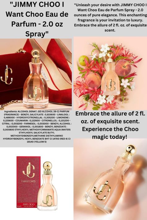 "Unleash your desire with JIMMY CHOO I Want Choo Eau de Parfum Spray - 2.0 ounces of pure elegance. This enchanting fragrance is your invitation to luxury. Embrace the allure of 2 fl. oz. of exquisite scent. Experience the Choo magic today! #JIMMYCHOO #IWantChoo #EaudeParfum #LuxuryFragrance #PerfumeLover #EleganceInABottle" Jimmy Choo Perfume Woman Fragrance, Jimmy Choo I Want Choo Perfume, I Want Choo Perfume, Jimmy Choo I Want Choo, Jimmy Choo Fragrance, Jimmy Choo Perfume, Luxury Perfumes, Fragrances Perfume Woman, Pure Elegance