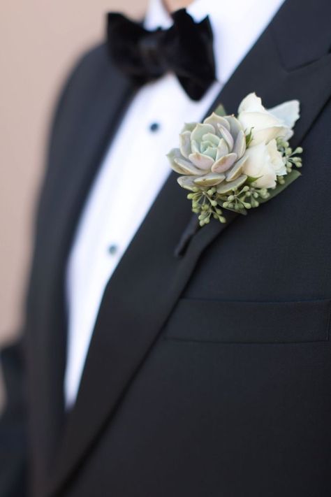 Sleek Wedding Bouquet, Groom Suit Ideas, White Jeans For Men, Succulent Corsage, White Tuxedo Wedding, Tara Latour, Succulent Boutonniere, Prom Corsage And Boutonniere, Beautiful Succulents