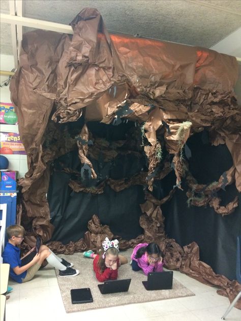 Cave Classroom Transformation, Bat Cave Classroom, Cave Classroom, Goonies Halloween, Haunted Mine, 2023 Themes, Fall Classroom Activities, Steam Classroom, Halloween Candy Bar