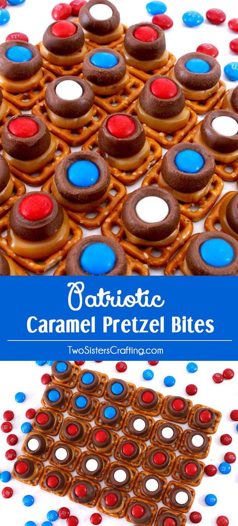 These Patriotic Caramel Pretzel Bites are great 4th of July treats. Sweet, salty, crunchy and delicious they are great Red White and Blue dessert for 4th of July, Memorial Day or even an Olympics viewing party. Pin this fun Fourth of July dessert for later and follow us for more 4th of July Food ideas. Caramel Pretzel Bites, 4th Of July Food Ideas, 4th Of July Treats, July Food Ideas, Pretzel Snacks, Olympic Party, Patriotic Food, Caramel Pretzels, Patriotic Desserts