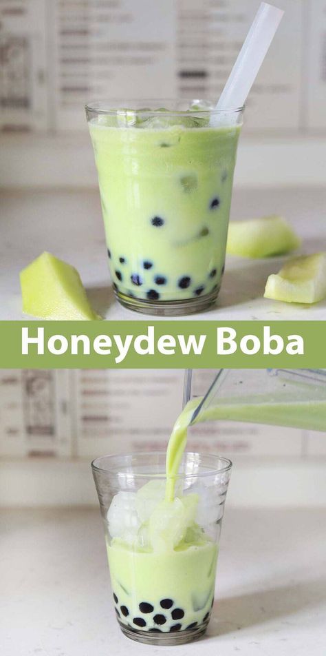 Honeydew Boba - A Beautiful Mess Honey Dew Boba, Honeydew Melon Recipes, Honeydew Boba, Honeydew Milk Tea, Honeydew Smoothie, Boba Recipe, Bubble Tea Recipe, Powder Milk, Boba Pearls