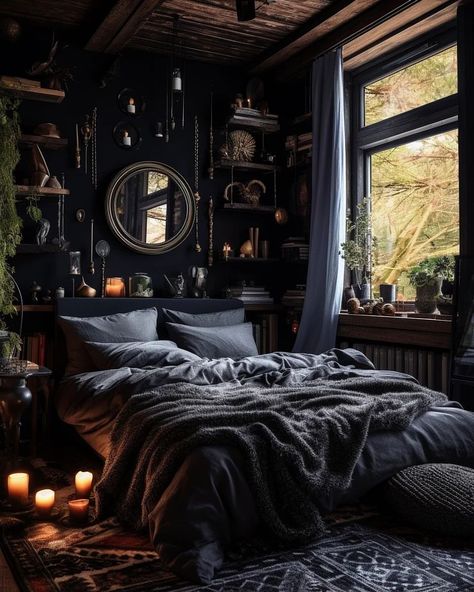 Dark Interiors 🏡⚫️🌿 Bedrooms, living rooms, kitchen and bathing room ✨️ . . . Conjured using a blend of Midjourney AI, Photoshop and Topaz… | Instagram Dark Interiors Bedroom, Bedroom Inspirations Dark, Dark Blue Rooms, Simple Bed Designs, Dream Bedroom Inspiration, Gothic Bedroom, Minimalist Bed, Dark Bedroom, Dark Home Decor