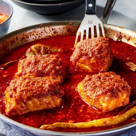 Halibut Chraime (Fish in Spicy Tomato Sauce) | America's Test Kitchen Recipe Braised Fish, Cooks Illustrated Recipes, Water Lemon, Seafood Entrees, Spicy Tomato Sauce, America's Test Kitchen Recipes, Kitchen Recipe, Eastern Cuisine, America's Test Kitchen