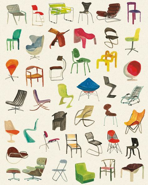 Kick back and enjoy Karin Meenen’s drawings of well-designed chairs Furniture Graphic, Chair Drawing, Hay Design, Ball Chair, Interior Illustration, Its Nice That, New Poster, Chair Design, Wellness Design