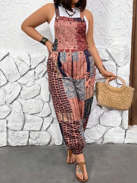 Plus Size Patchwork Printing Jumpsuit With Elastic CuffsI discovered amazing products on SHEIN.com, come check them out! Jumpsuits Designs, Dresscode Ideas, African Print Jumpsuit, Ankara Jumpsuit, Classy Jumpsuit, Shweshwe Dresses, African Designs, Hot Jumpsuits, Look Formal