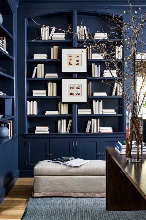 dark blue built in cabinets in home office Blue Built In Cabinets, Dark Blue Office, Blue Bookshelves, Home Library Rooms, Home Office Library, In Home Office, Blue Office, Home Library Design, Custom Built Ins