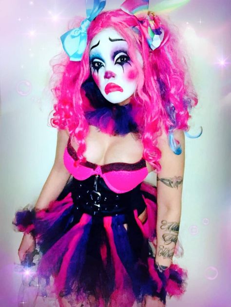 Pink And Black Clown Makeup, Black Light Clown Makeup, Pink And Black Clown Costume, Pink Clown Outfit, Neon Clown Costume, Cute Pink Clown Makeup, Clown Costume Women, Clown Costume, Costumes For Women