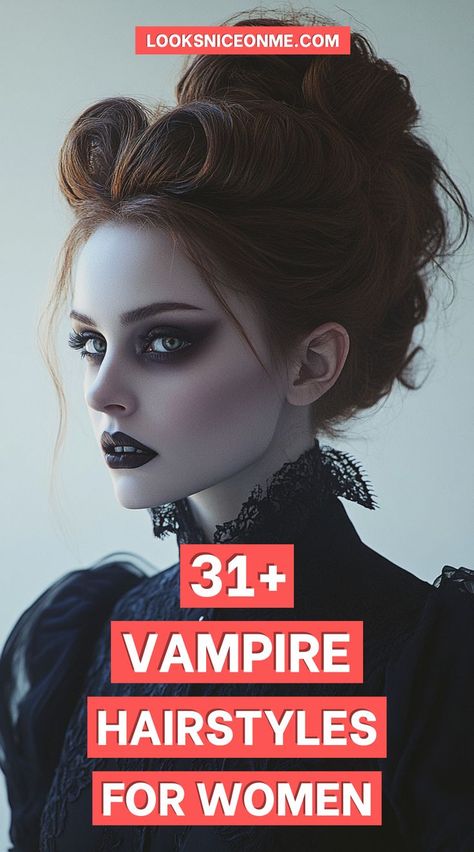 Step back in time with a Victorian-inspired vampire hairstyle. This intricate braided look combines elegance with a spooky vibe, perfect for a vampire bride or historical themed parties. Learn how to craft these sophisticated braids with our easy-to-follow steps. Vampire Hairstyles For Women, Vampyr Smink, Vampire Hairstyles, Vampire Costume Women, Gothic Vampire Costume, Vampire Hair, Goth Hairstyles, Vampire Makeup Halloween, Creature Of The Night