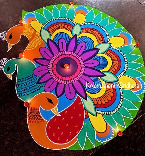 Rangoli Designs New Year Latest, Big Rangoli Designs Diwali Beautiful, Big Rangoli Designs Creativity, Peacock Doodle, Onam Images, Rangoli Competition, Mandala Rangoli, Diwali Kolam, Rangoli Painting