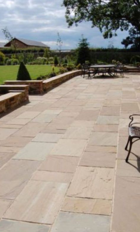 Sandstone Patio, Stone Patio Designs, Sandstone Paving Slabs, Patio Paving, Indian Sandstone, Paving Ideas, Walkway Design, Patio Steps, Sandstone Paving