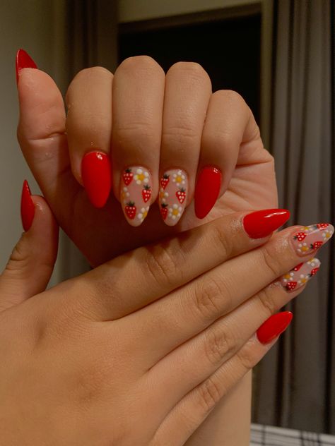 Red Nails With Strawberry Design, Red Nails Summer Art Designs, Red Nail Designs Almond Shape, Strawberry Red Nails, Cute Nails Medium, Red Strawberry Nails, Red Short Almond Nails, Red Almond Nails Designs, Strawberry Nails Designs