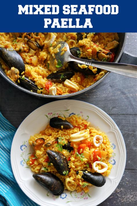 Easy Seafood Paella made with mixed frozen seafood and a touch of turmeric, a quick and easy recipe for a delicious midweek dinner. It's hearty and full of colour, and on the table in 30 minutes or so. Frozen Sea Food Mix Recipes, Mixed Seafood Rice Recipe, Mixed Seafood Paella Recipe, Paella Seafood Recipes, Sea Food Mix Recipes, Mariscada Recipe Seafood, Mixed Seafood Recipe Frozen, Seafood Mix Recipes Dinners, Recipes Using Frozen Mixed Seafood